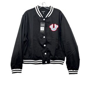 True Religion Horseshoe Satin Varsity Bomber Jacket Womens XL Black Sportswear